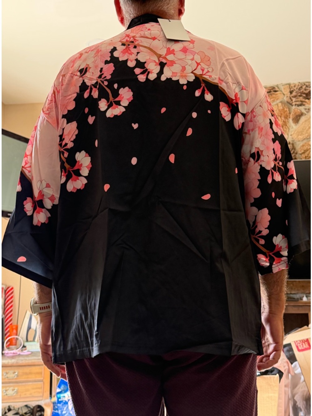 NIEPCE Men's Black and Pink Cherry Blossom Floral Kimono Jacket Unisex